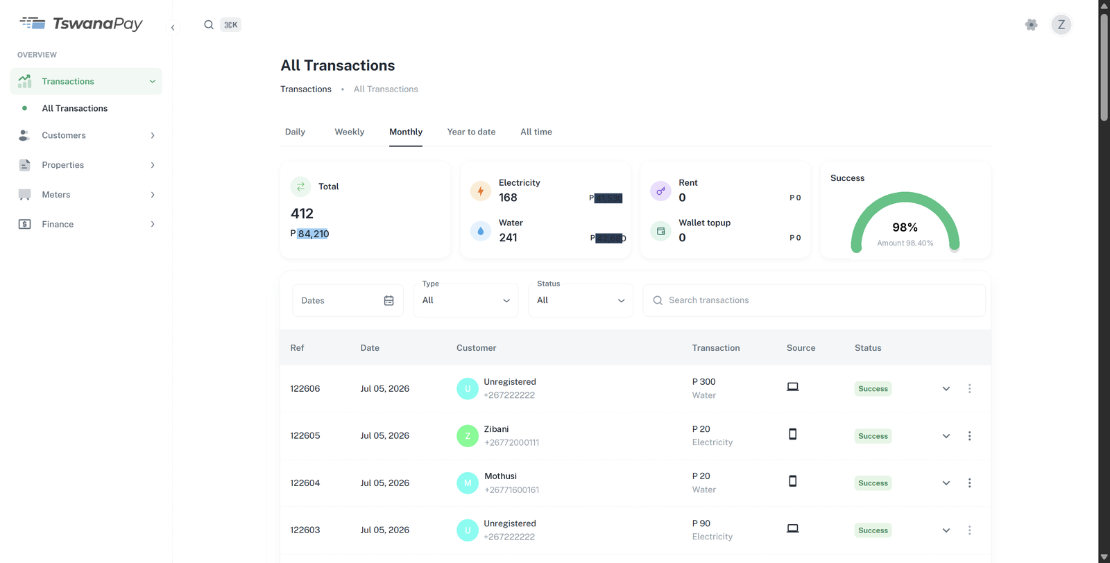 TswanaPay landlord dashboard showing live transactions
