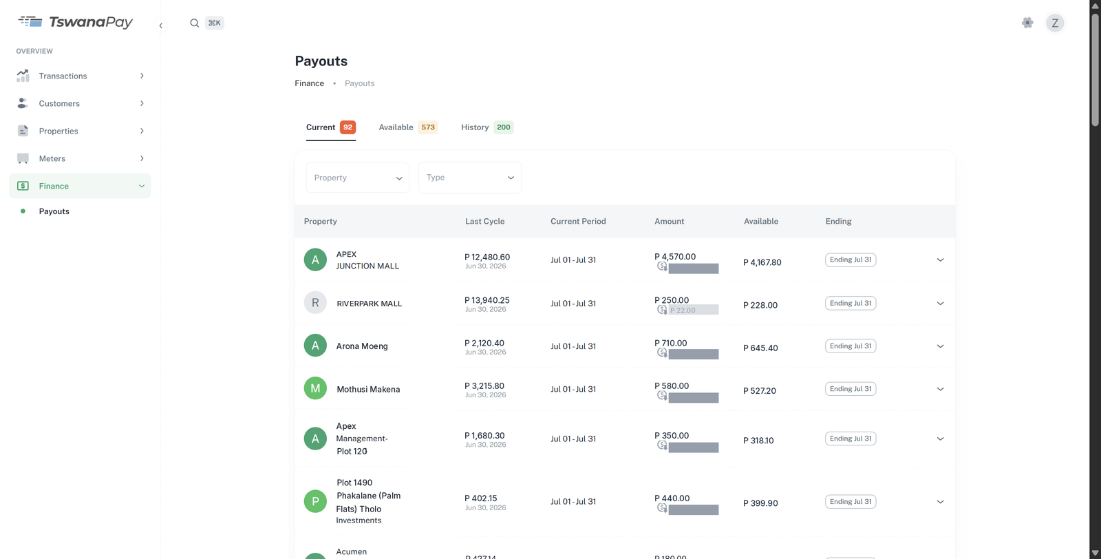 TswanaPay payouts view showing collections paid out per property