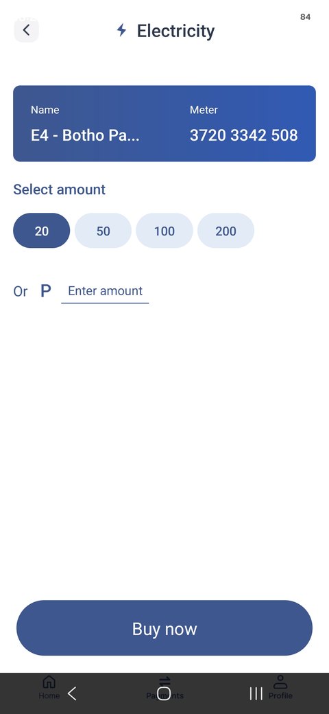 Buying an electricity token: select the meter, choose an amount, tap Buy now