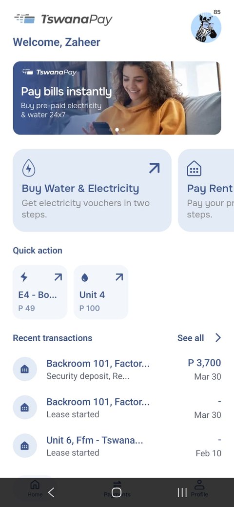 TswanaPay app home screen showing Buy Water & Electricity and Pay Rent options