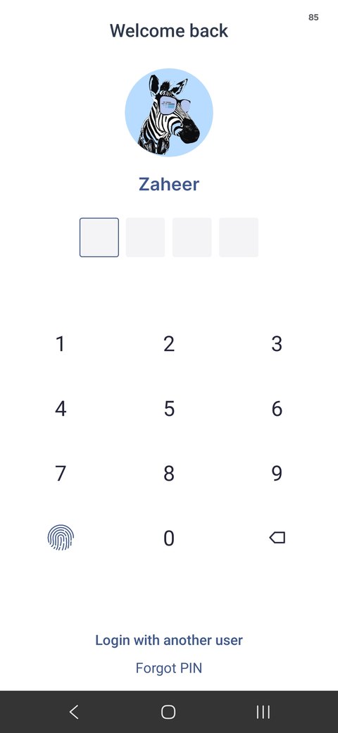 Secure login screen with 4-digit PIN pad and fingerprint option