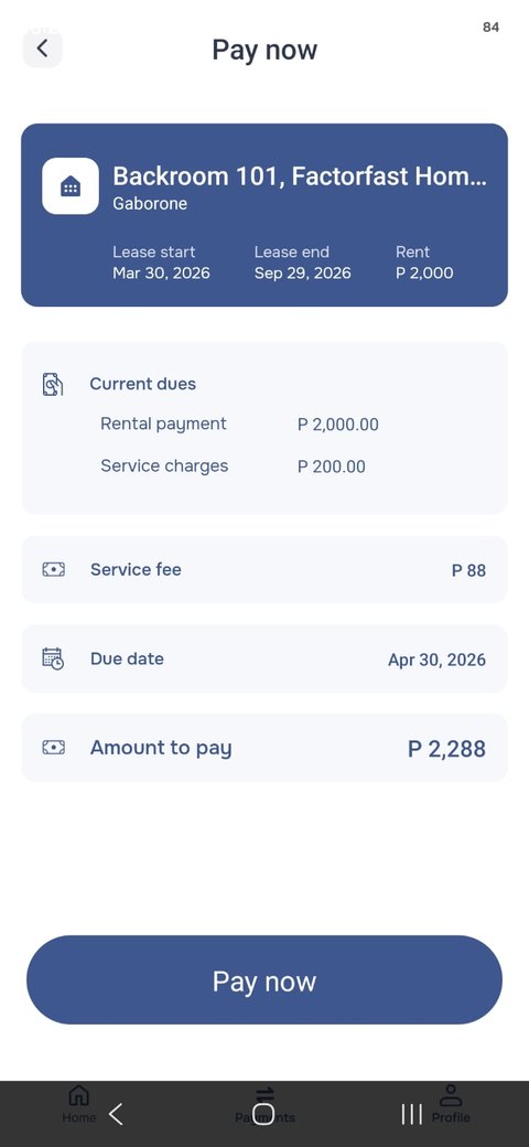 Pay now screen showing rent, service charges, due date and total amount to pay