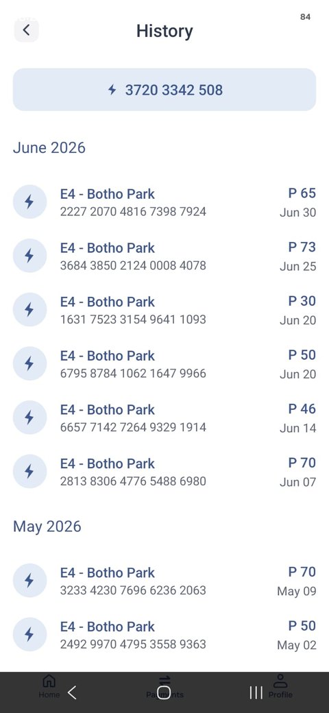 History screen listing past electricity token purchases by month with amounts